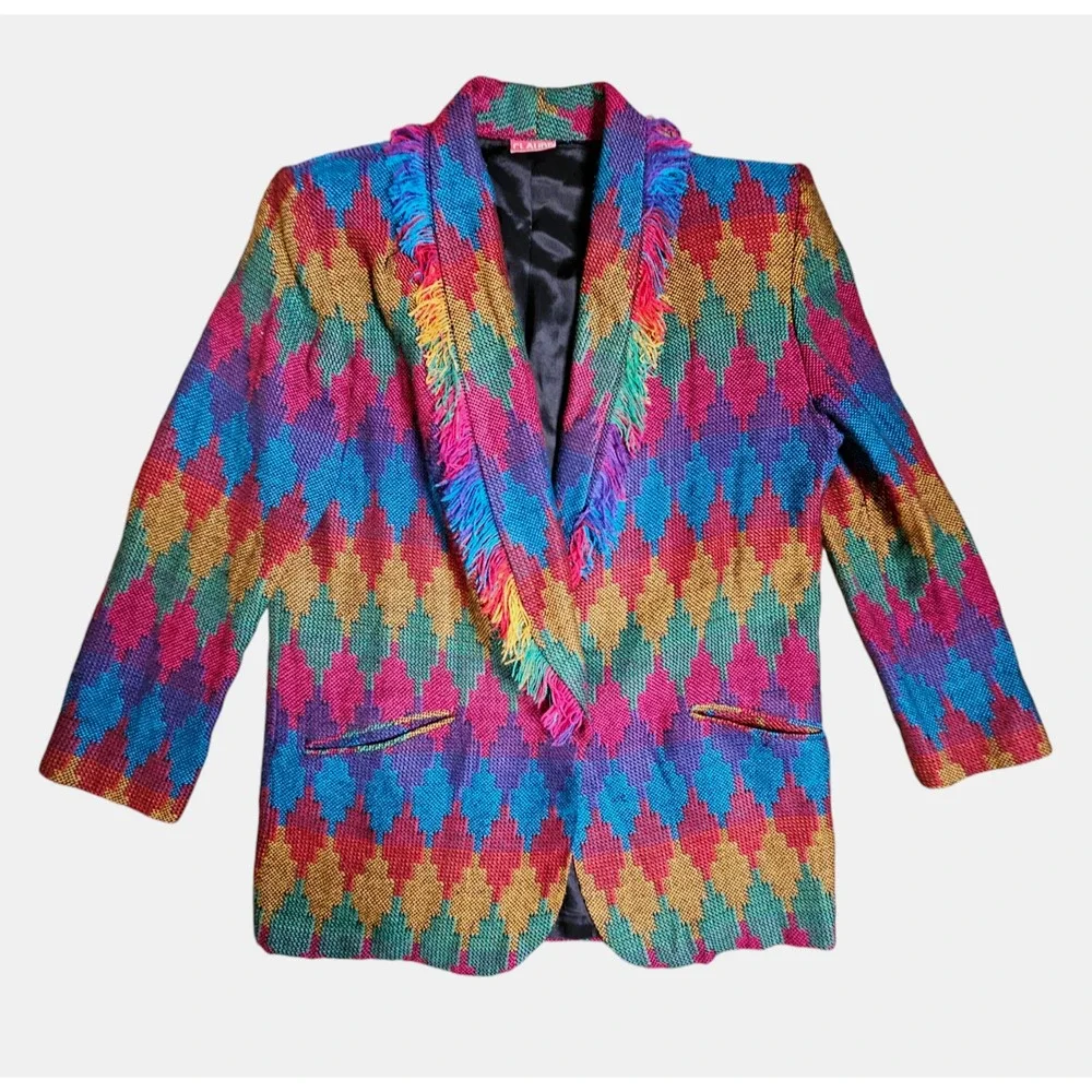 Vintage Claude Rainbow Aztec‎ Fringe Acrylic Blazer Clowncore M Pockets Lined